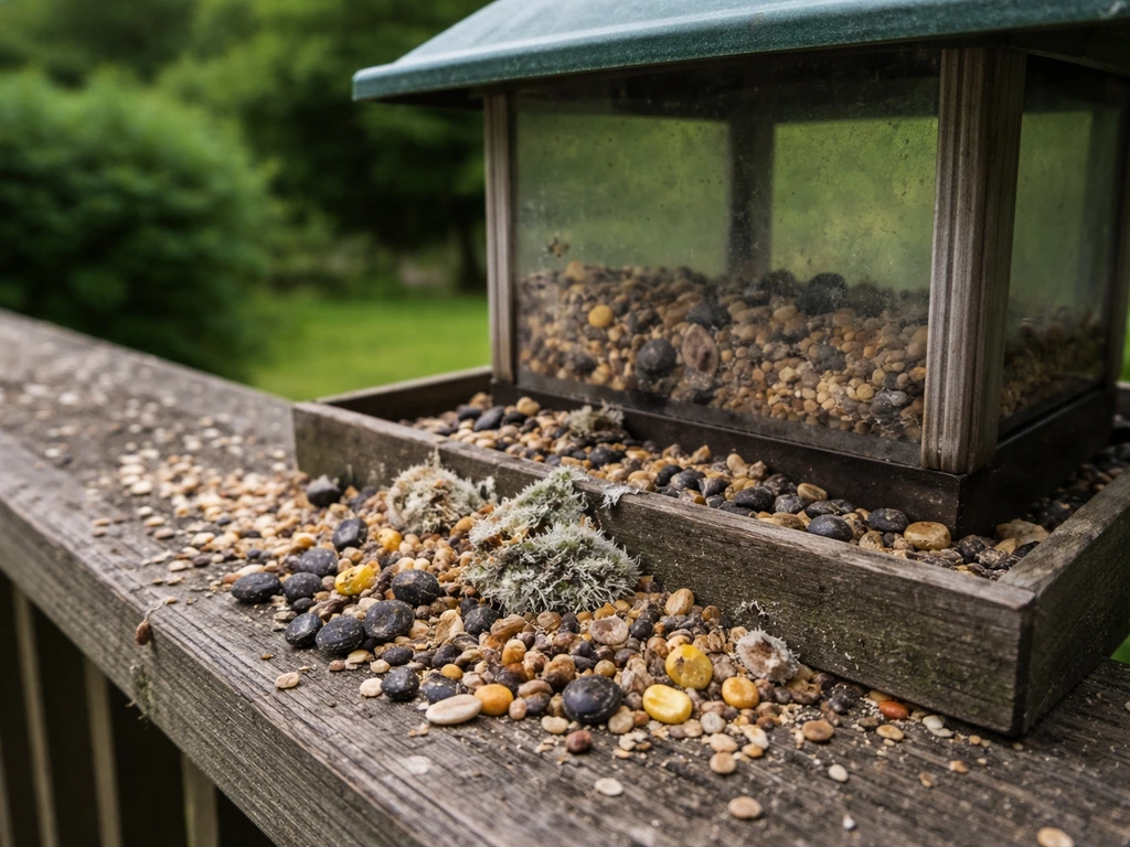 Close-up of an outdoor bird feeder showing stale, dusty bird seed with faint mold risk.