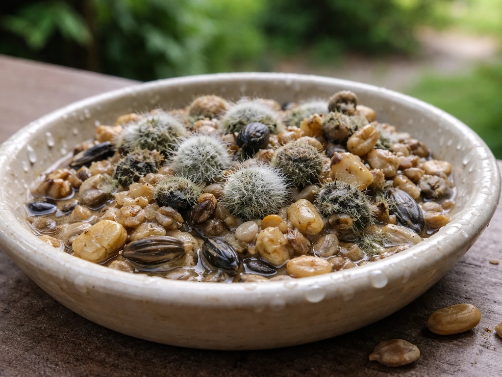 Close-up of old bird seed with visible fuzzy mold and damp moisture droplets on the kernels.