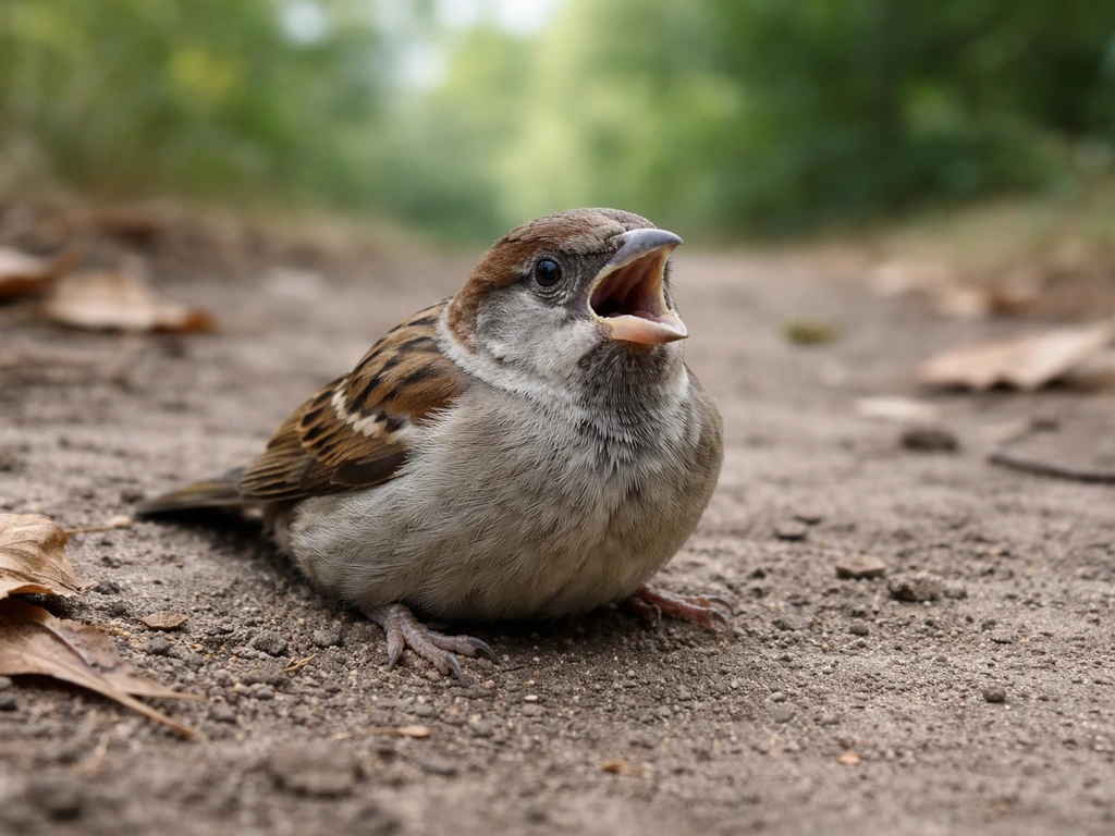 Small wild bird on the ground with open-mouth gasping posture, suggesting respiratory distress.