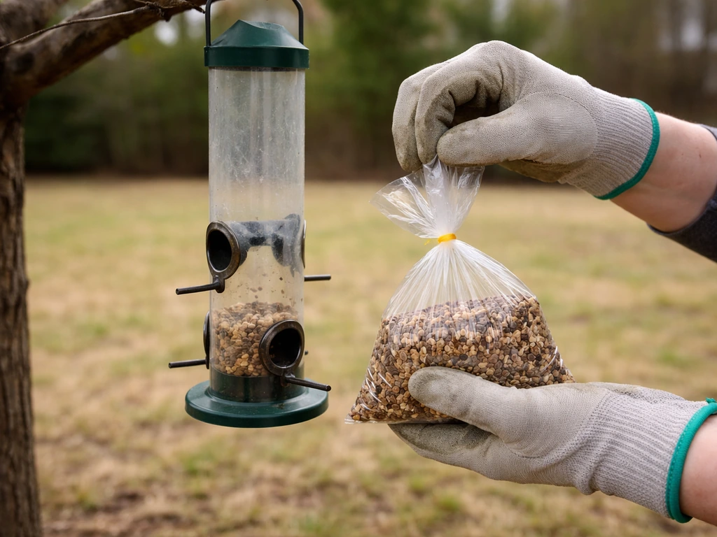 Gloved hand removing seed from an empty bird feeder and sealing it in a disposable bag