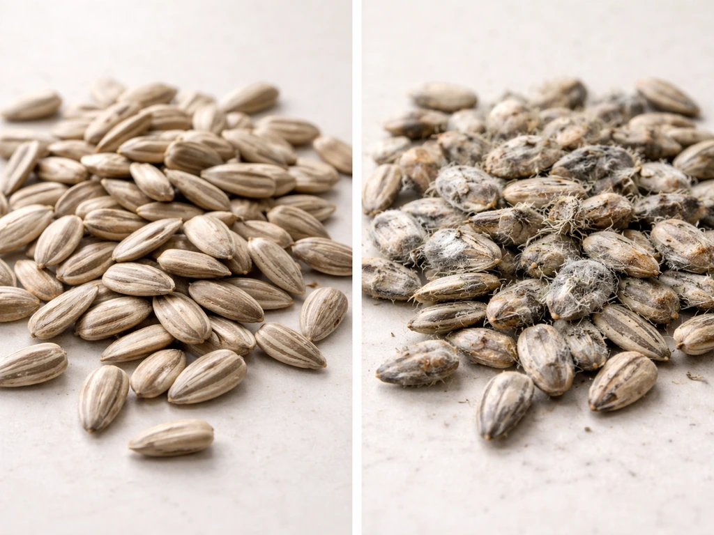 Close-up side-by-side seeds: one normal and one with visible mold and discoloration.