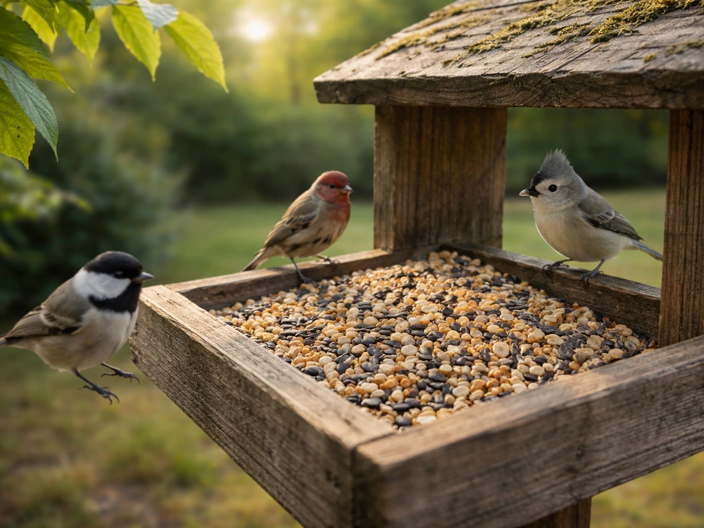 Wooden bird feeder filled with fresh seed, with a few small birds perched nearby outdoors.