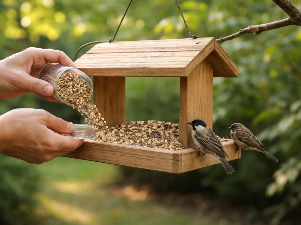 Person’s hands filling a bird feeder with seed as small birds gather at backyard feeding time.