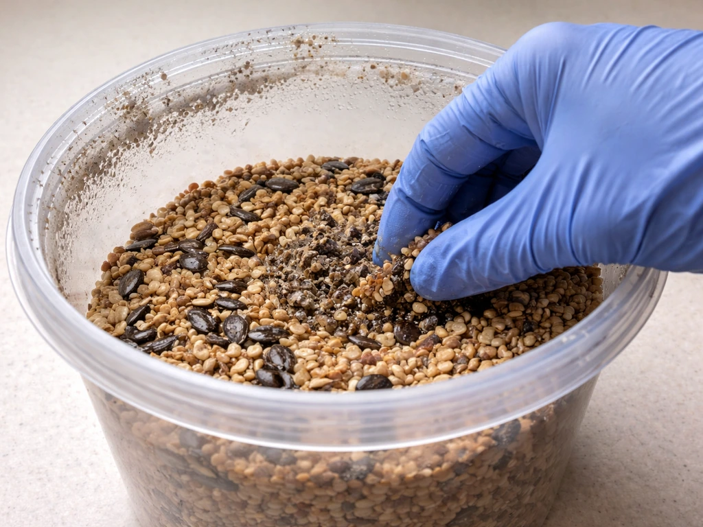 Gloved hand handling an open, damp bird seed container on a counter, signaling mold risk.