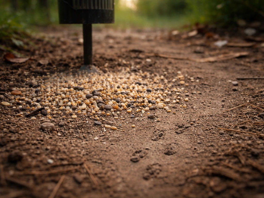 Spilled bird seed on the ground near a feeder with visible rodent tracks and small insects.