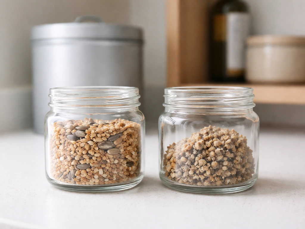 Airtight metal container of bird seed with a dry sample and a small clumped damp sample for spoilage cues.