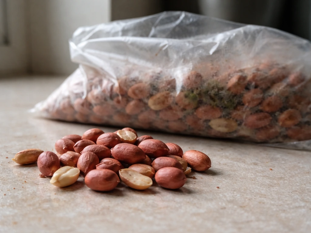 Close-up of peanut kernels beside a moisture-damaged bird feeder bag with mold risk cues.