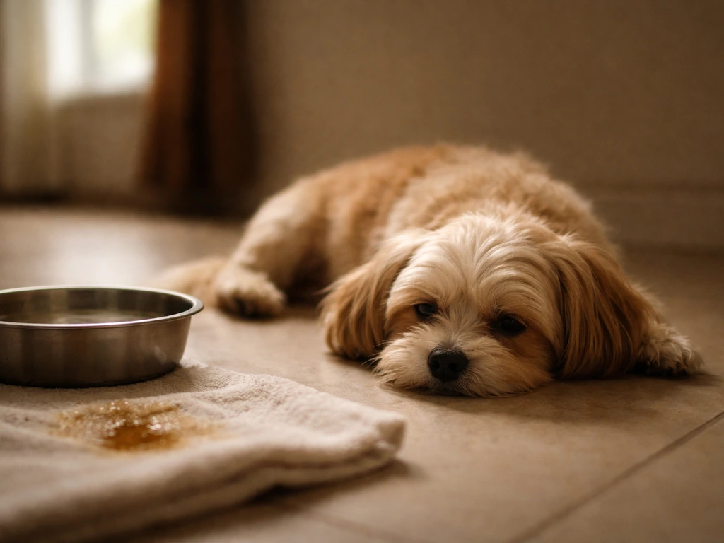 Lethargic dog at home with signs of upset stomach, suggesting possible liver warning signs.