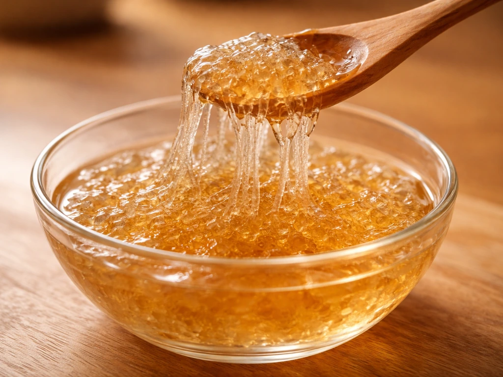 Close-up of amber edible bird’s nest in a bowl with spoon lifting gelatinous strands.