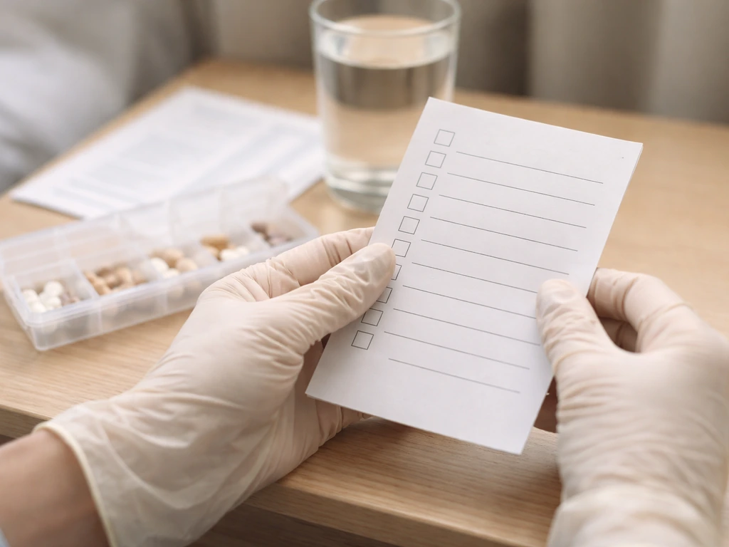 Hands holding a paper treatment checklist next to a pill organizer, suggesting caution during chemo or radiation.