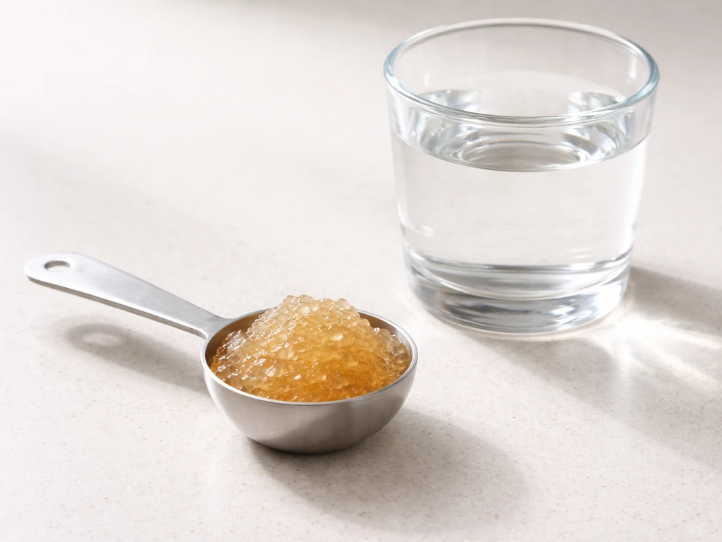 Half-serving of bird’s nest measured in a small spoon with a glass nearby, showing start low and go slow.