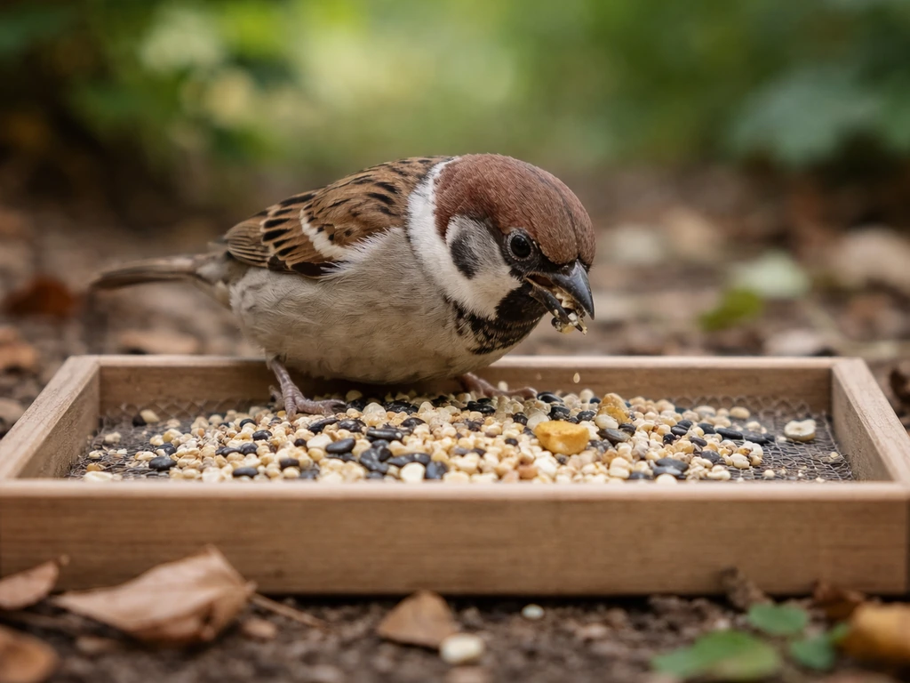 A sparrow perched on a ground feeder eating seeds in natural light