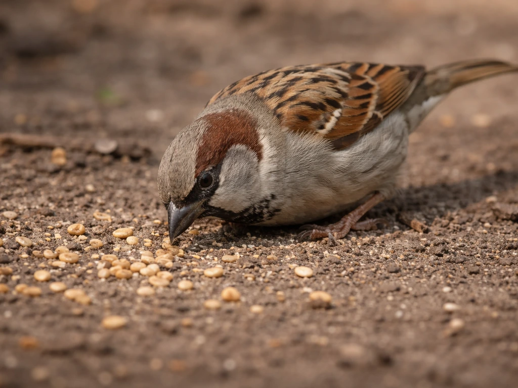 Close-up of a sparrow pecking at seeds and grit on the ground in natural light.