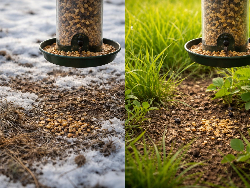 Side-by-side winter and summer ground showing sparrow seed foods and summer greens with a feeder.