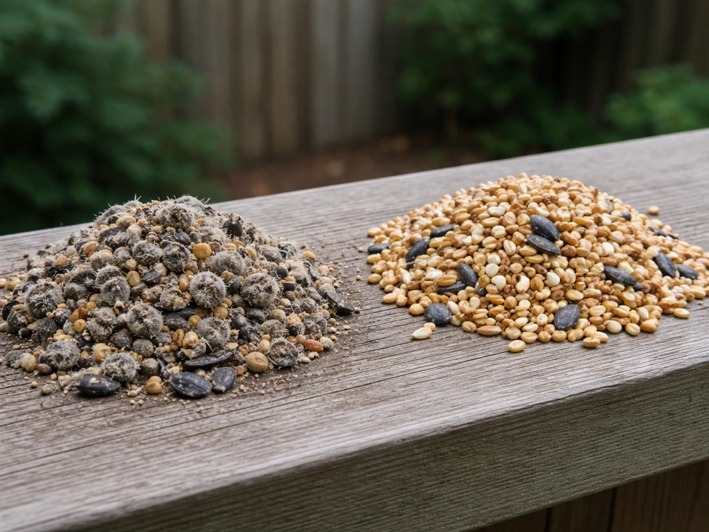 Wet clumped moldy bird seed beside dry clean seed on a wooden feeder surface.