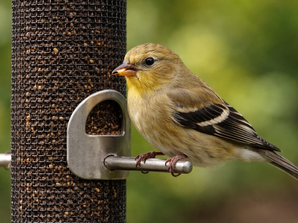 A small finch feeds from a nyjer (thistle) mesh seed feeder close-up with seeds visible