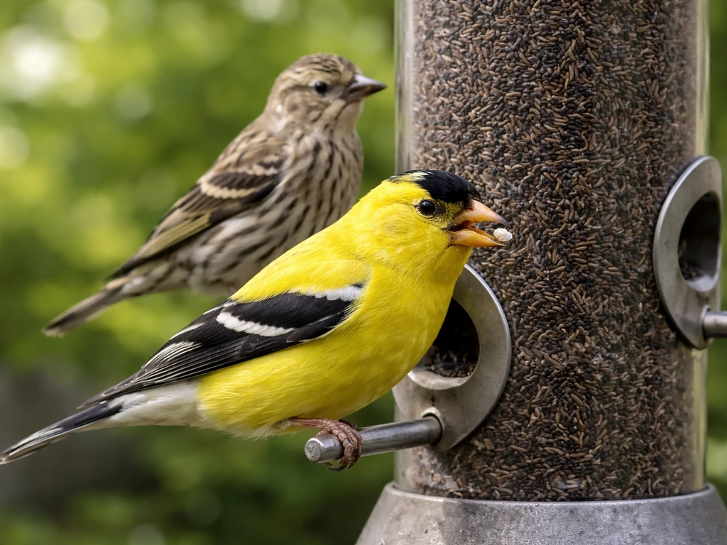American goldfinch feeding from a nyjer tube feeder with a pine siskin nearby