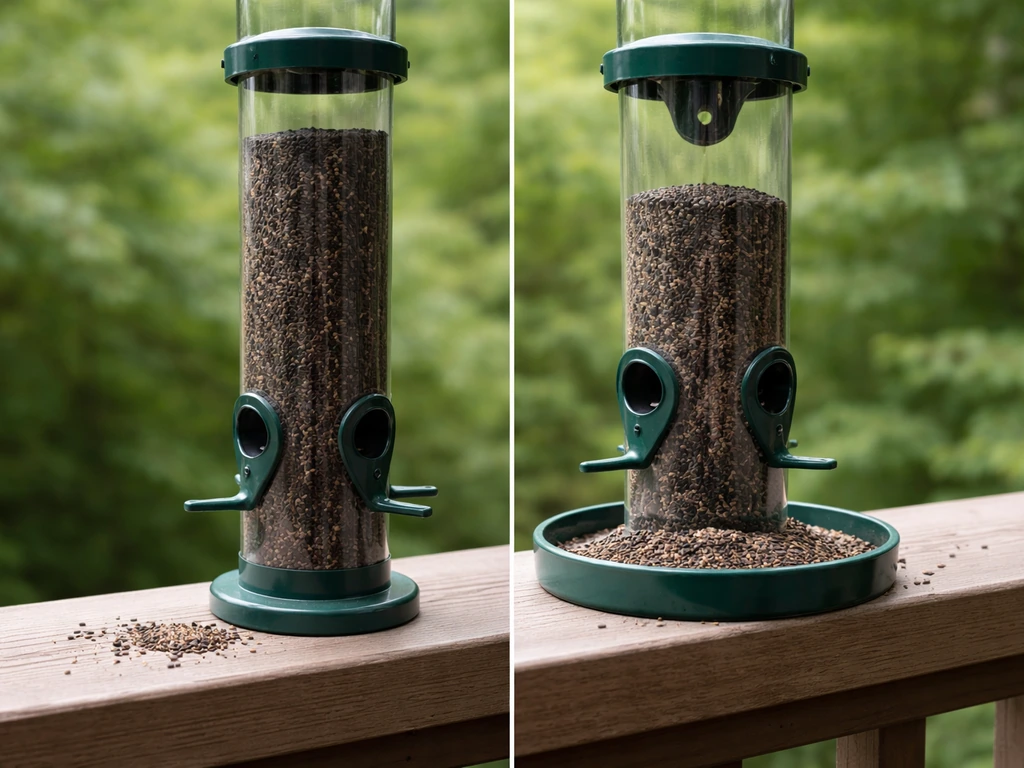 Two bird feeder setups side-by-side: a nyjer-appropriate tube with small ports and a standard feeder with seeds falling