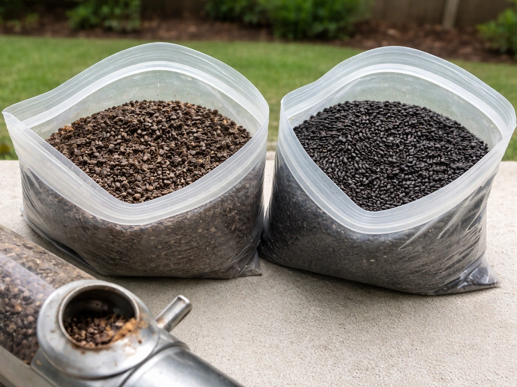 Two nyjer containers—stale vs fresh seeds—next to a feeder port with caked seed buildup.