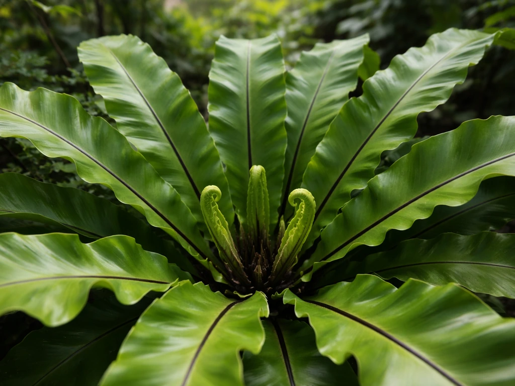 Close-up of a bird nest fern rosette with broad strap-like green fronds in natural light.