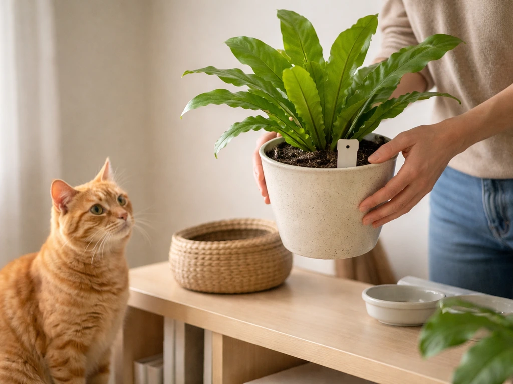 Hands lift a bird nest fern pot toward a higher shelf while an orange cat watches nearby.