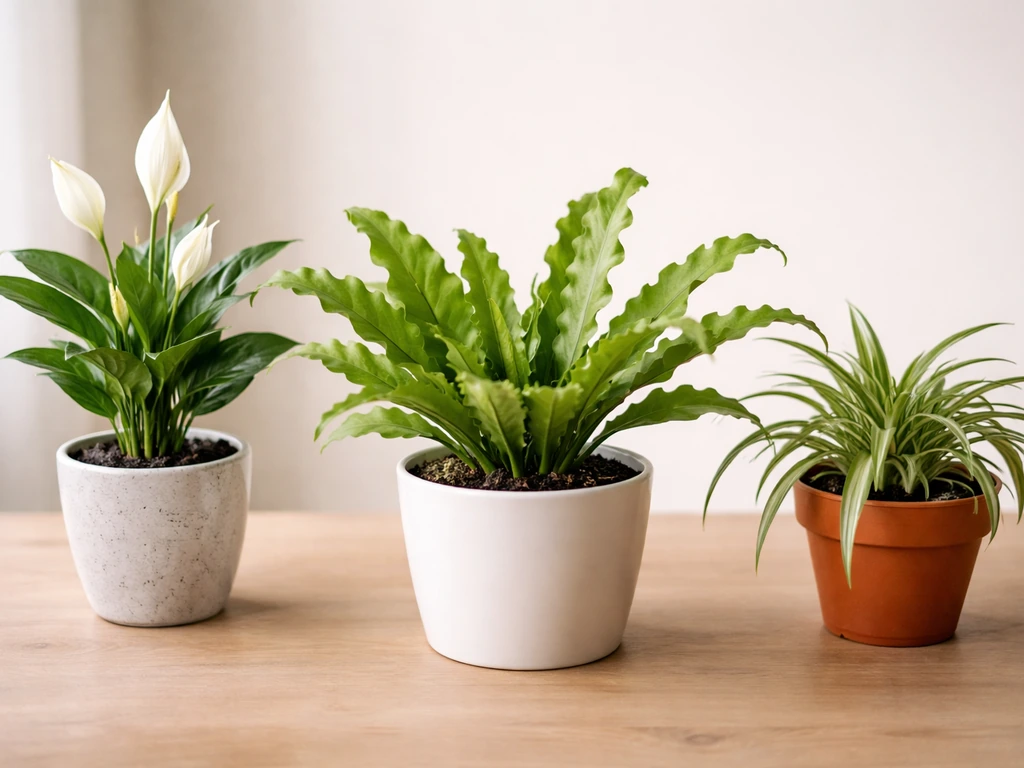 Bird nest fern potted beside a lily and a non-toxic houseplant in small pots.