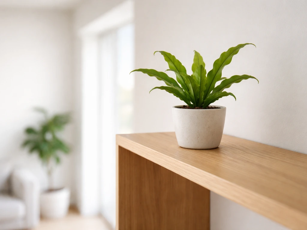 A potted bird nest fern on a high shelf in a simple indoor room, out of a cat’s reach.