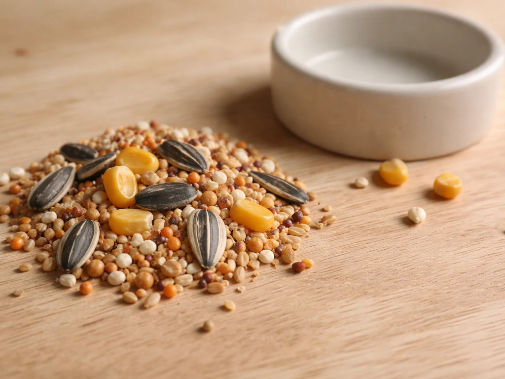Close-up of mixed bird seed with hard hulled pieces near a small ceramic chewing dish area.
