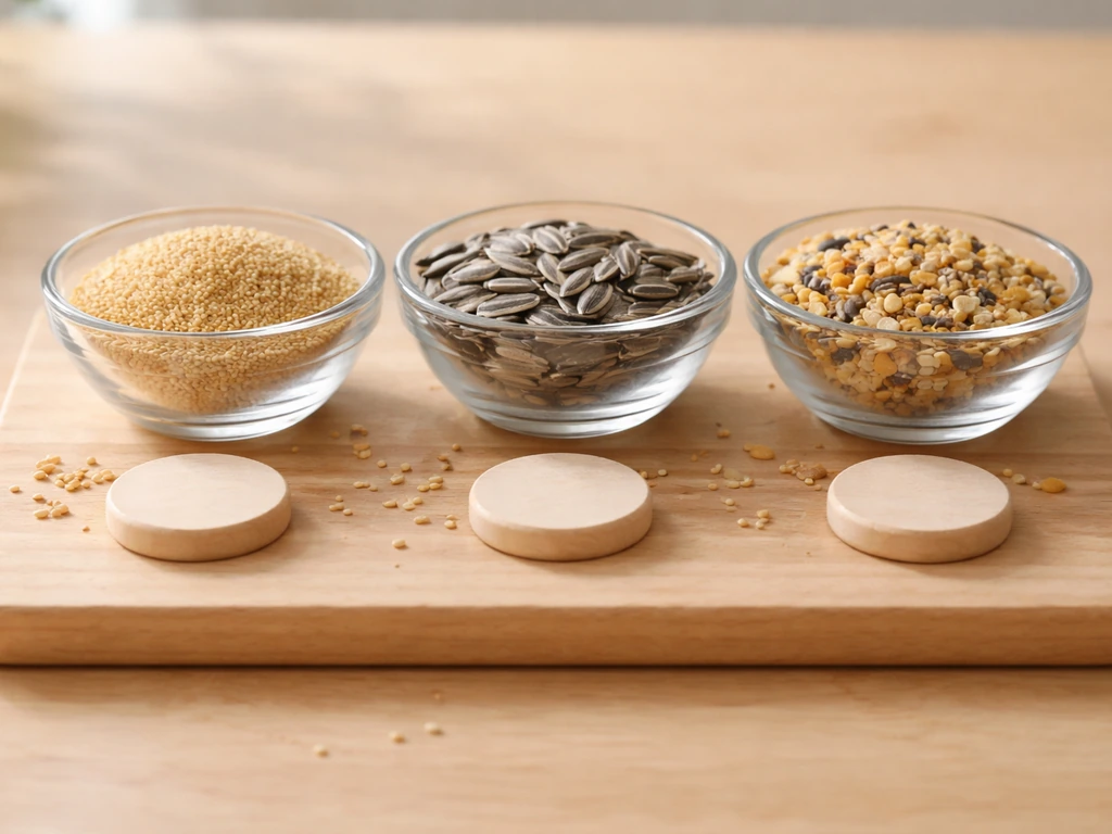 Three small bowls of millet, sunflower, and mixed bird seed on a wooden board with unmarked risk tokens.