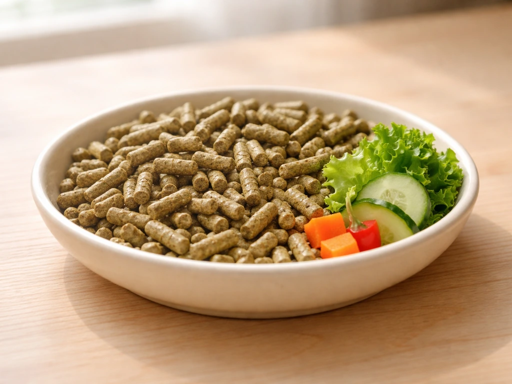 Hamster pellet dish with small pieces of safe greens and vegetables on a simple wooden table