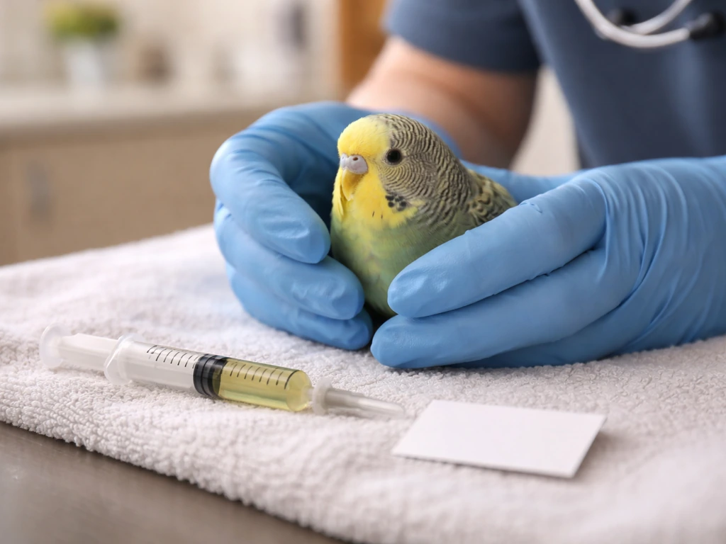 A vet gently holding a tiny bird while preparing a syringe for oral meloxicam dosing