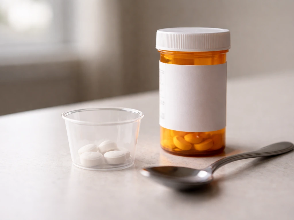 Close-up of a generic prescription medication bottle next to a dosing cup and spoon.