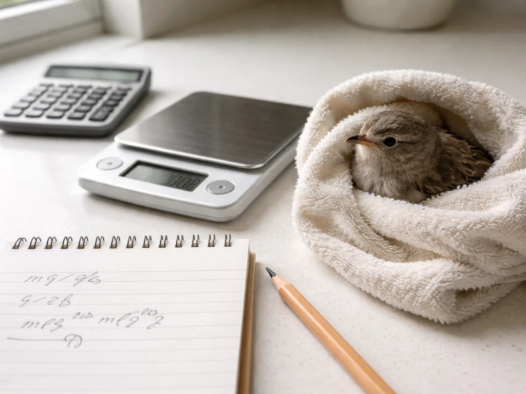 Small bird resting by a kitchen gram scale as a vet-style dose math example is calculated on a notepad