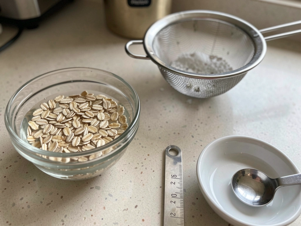 Cup of plain oats being soaked in water for small birds, then drained