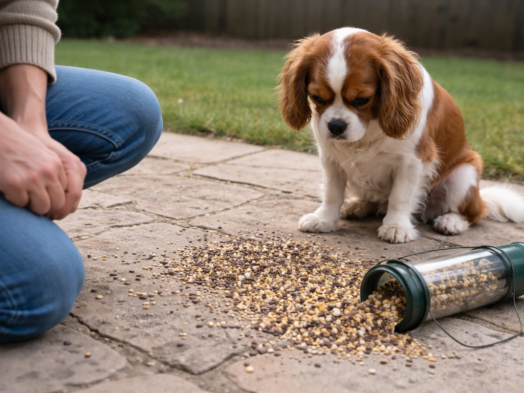 Dog sniffing bird seed on the ground near a fallen bird feeder, handler kneeling nearby in concern.