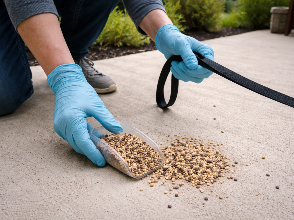 Gloved hands scooping spilled bird seed from a patio while holding a dog leash away from the mess.