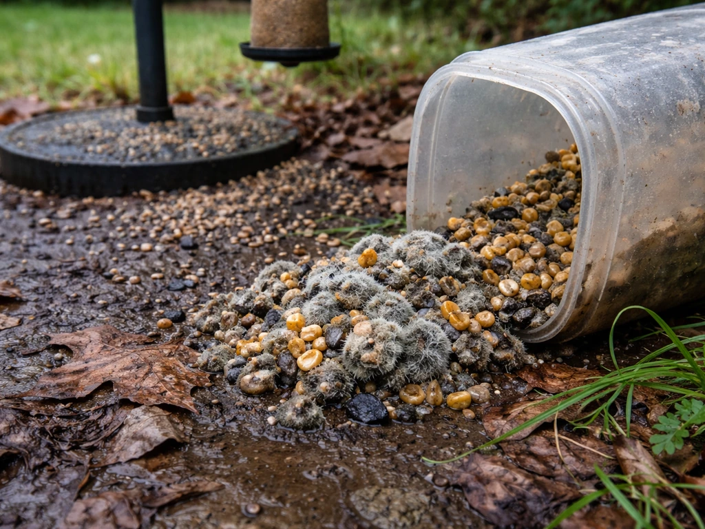 Moldy bird seed pile in a damp container beside a backyard feeder, with visible growth and overgrowth cues.