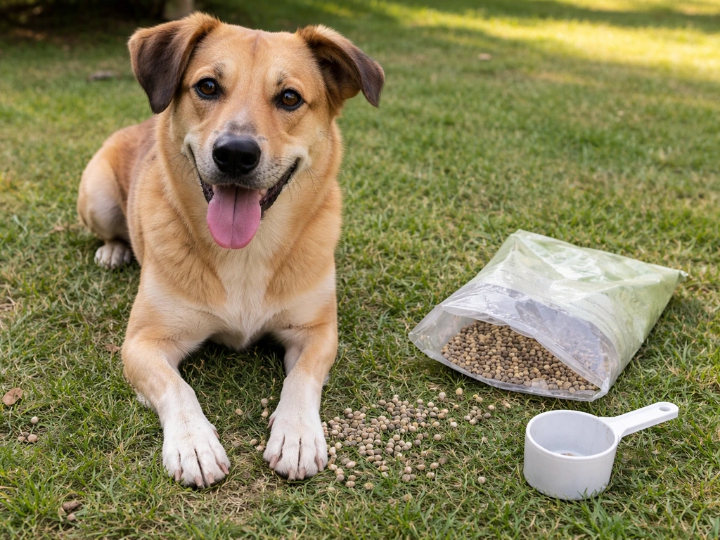 Dog outdoors with scattered seed hulls around its paws and a measuring scoop/empty seed bag nearby