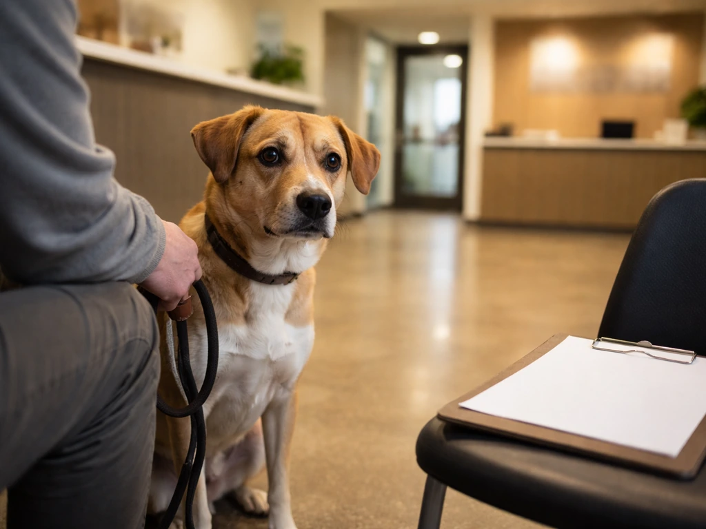 Worried dog and handler at a vet emergency entrance with a blank notepad concept nearby.