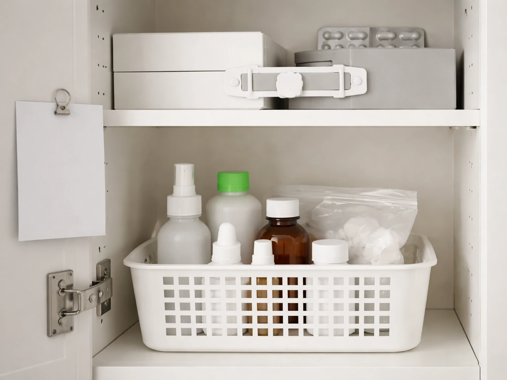 Kitchen medicine cabinet with dog-safe pet items stored away from human anti-diarrhea medicine; vet card visible