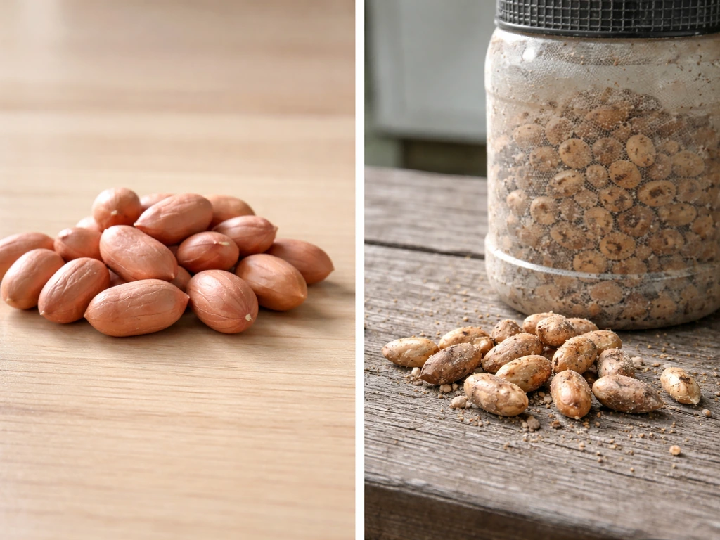 Split view of clean raw human-grade peanuts vs a less fresh bird-feeder nut container.