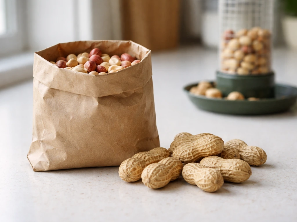 Whole in-shell peanuts and shelled bird-seed peanuts beside a bird feeder, photographed on a kitchen counter