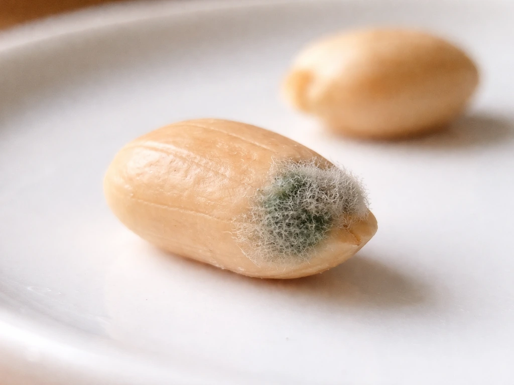 Close-up of a peanut kernel with visible gray-green mold texture on a clean plate.