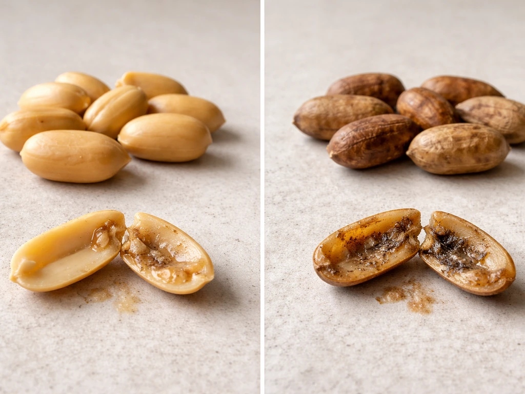 Split view of fresh vs rancid-looking peanuts with one broken kernel showing oily, gritty texture