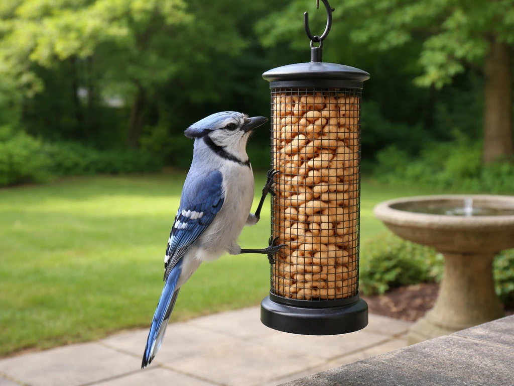 Blue jay perched on a mesh peanut feeder with plain dry peanuts in a quiet backyard