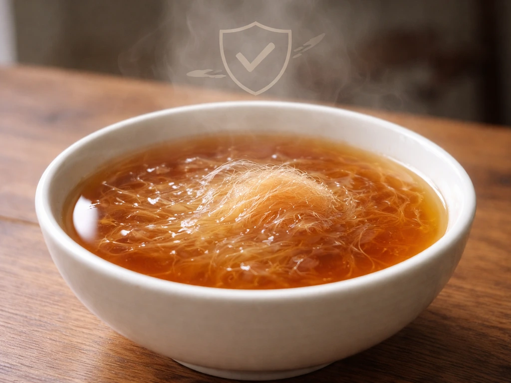 Close-up bowl of bird nest soup with a subtle US shield/checkmark overlay indicating a legality question