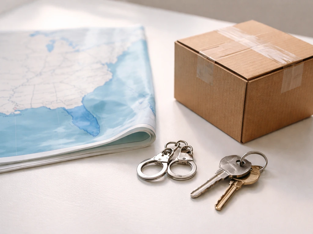 Tabletop US map with coastal-state emphasis and small icons suggesting prohibited possession and transport