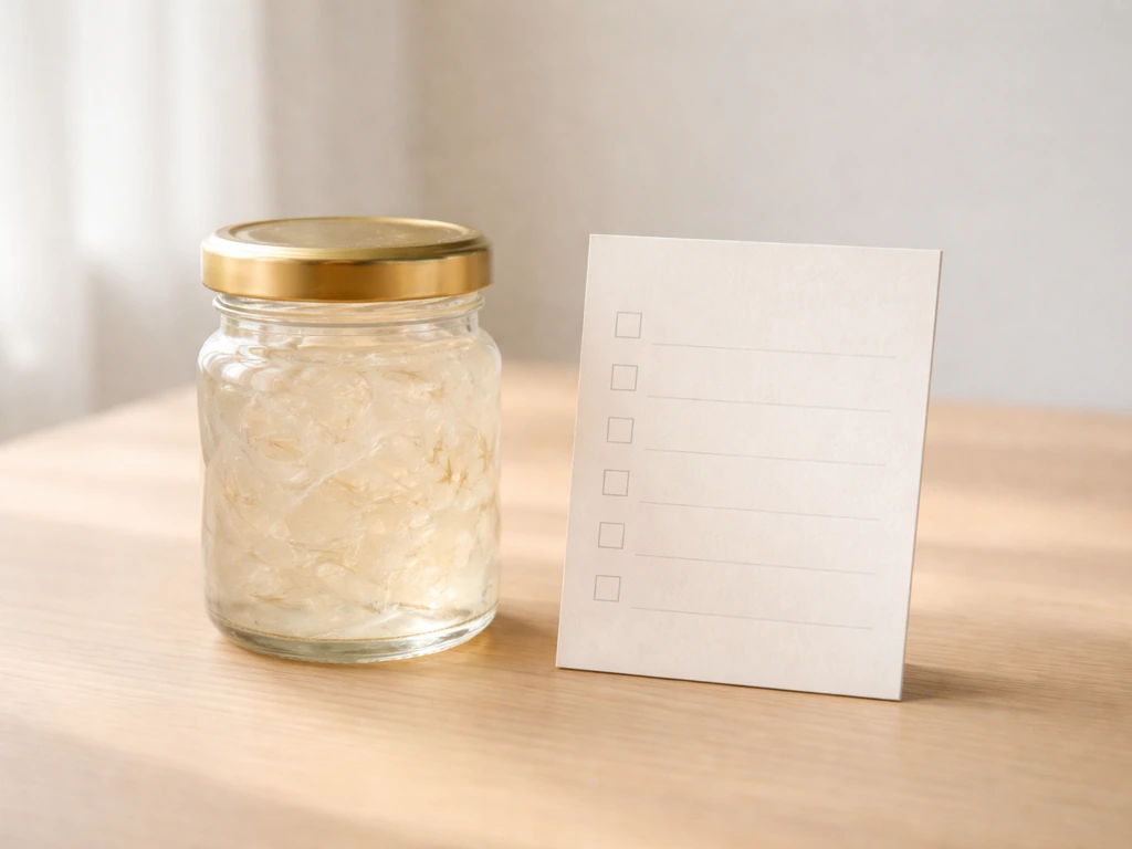 Sealed jar of commercially produced edible bird’s nest beside a blank checklist card on a clean tabletop.