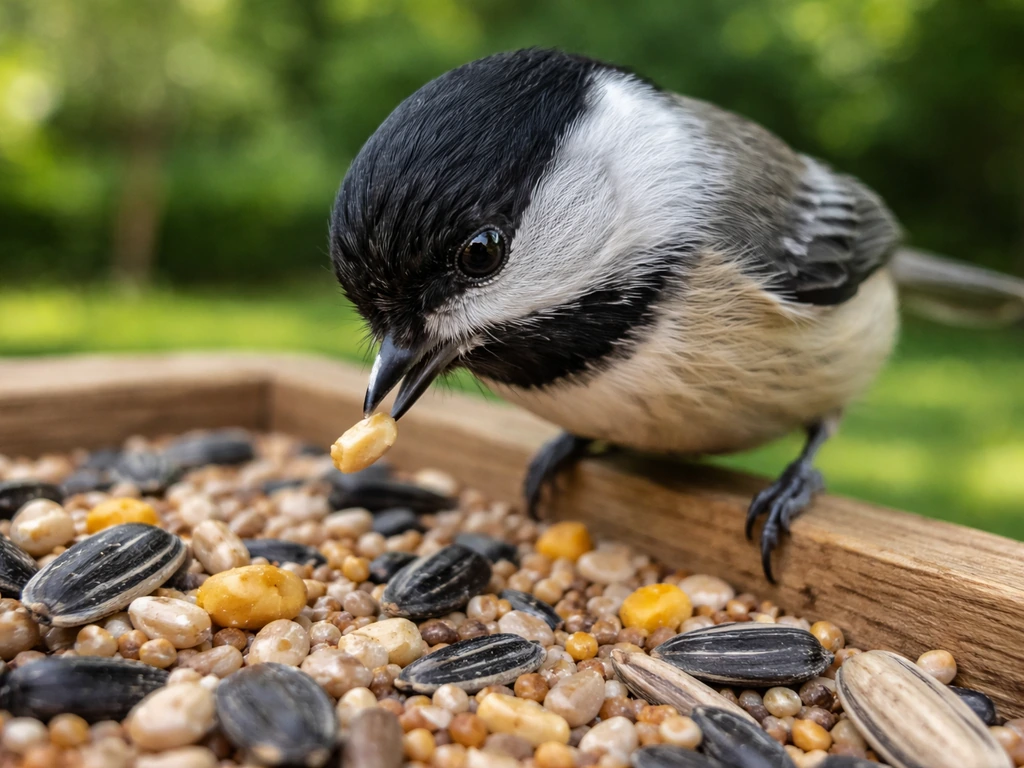 Small wild bird at a backyard feeder with its beak near seed kernels