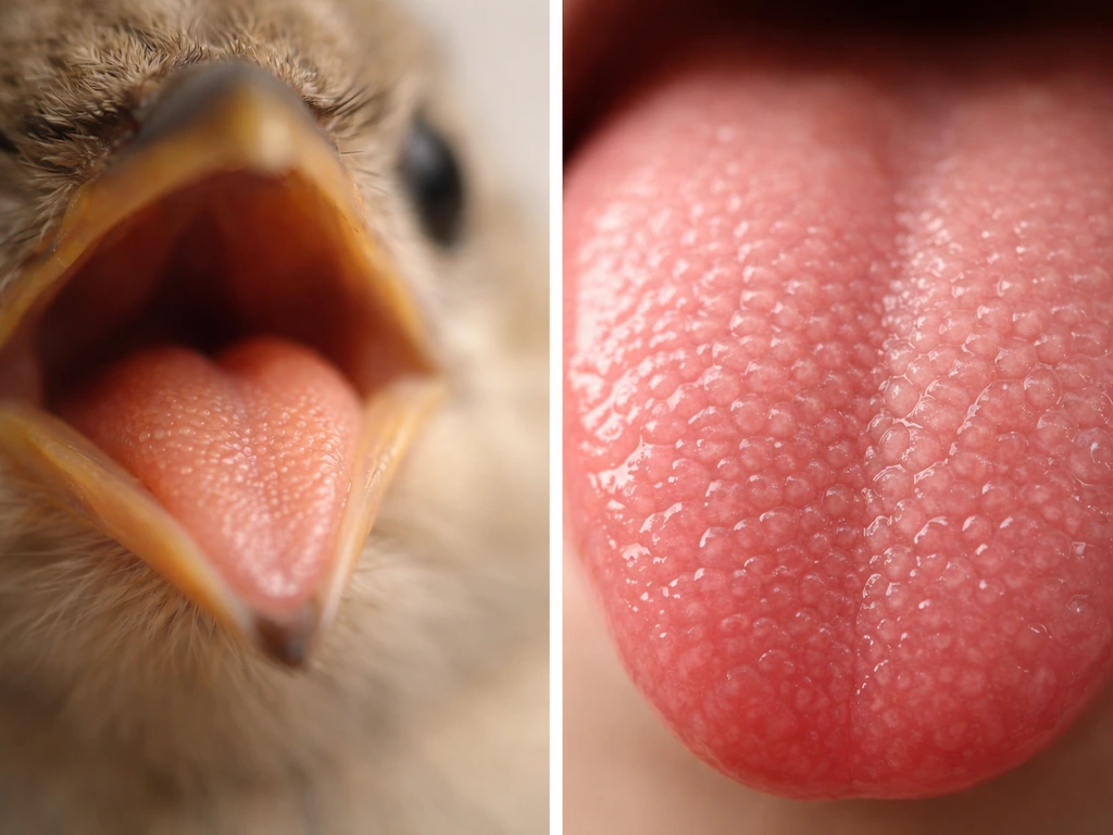 Split close-up of a bird beak and a human tongue showing taste receptor locations without text.